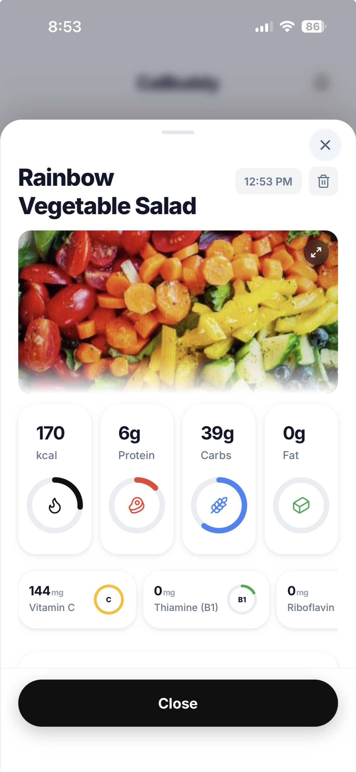 CalBuddy meal nutrition breakdown screen