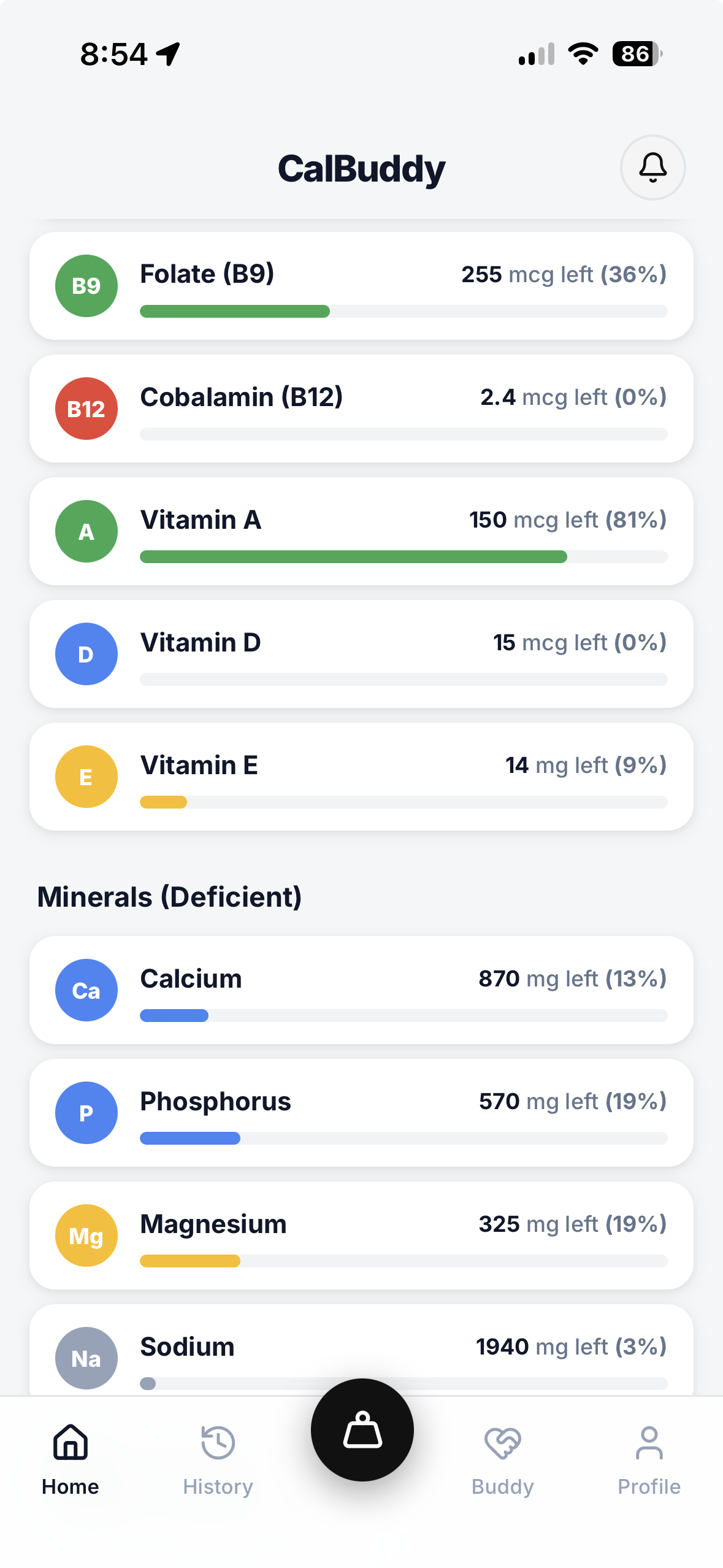 CalBuddy micronutrient tracking screen