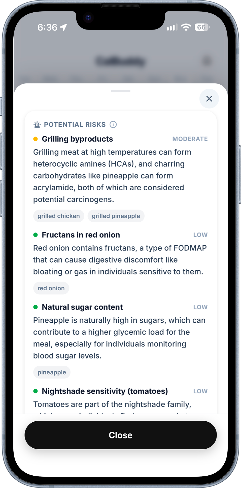 CalBuddy food toxin alerts screen on a phone